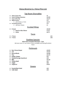 HIATUS FOOD MENU PRICES